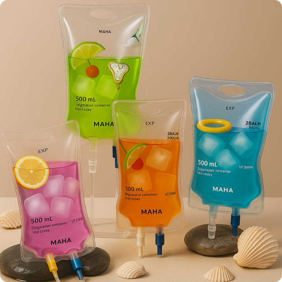 Colourful IV drip therapy bags at Maha Medicare